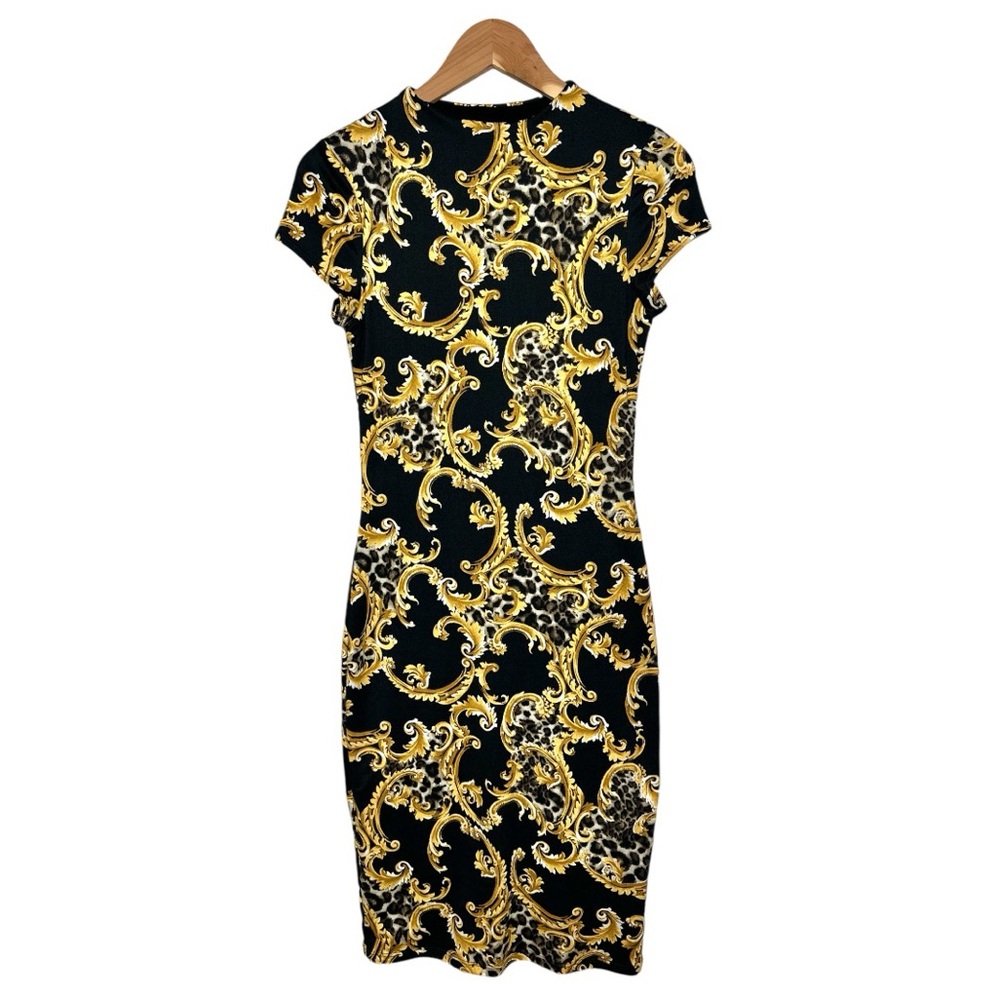 Y2K Mixed Leopard Print Midi Dress Sz 2 Baroque Couture Black Gold Bodycon